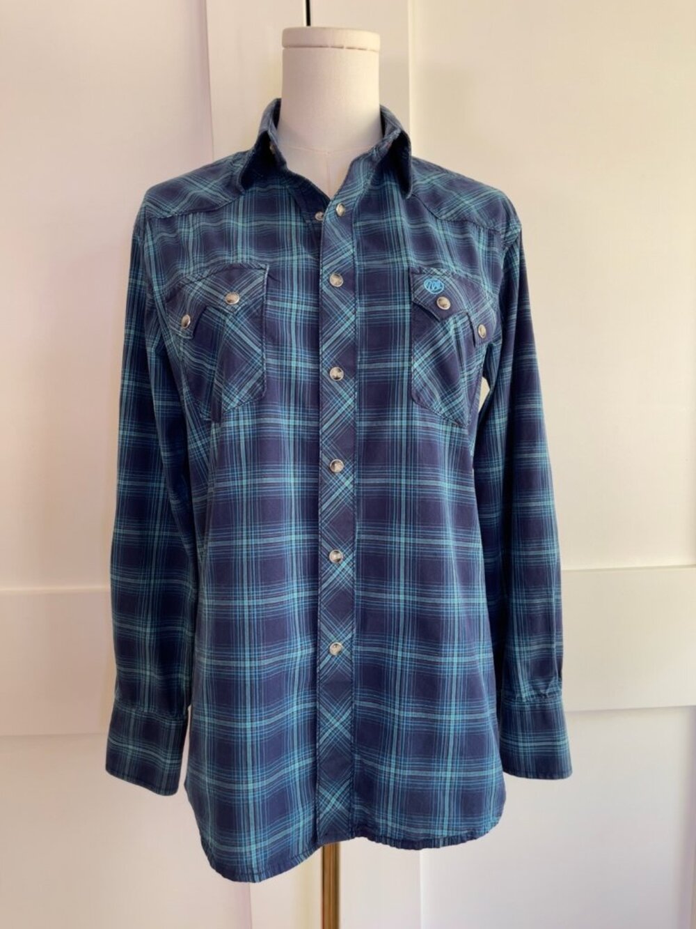 Wrangler Retro Western Plaid Pearl Snap Shirt Navy Turquoise Small